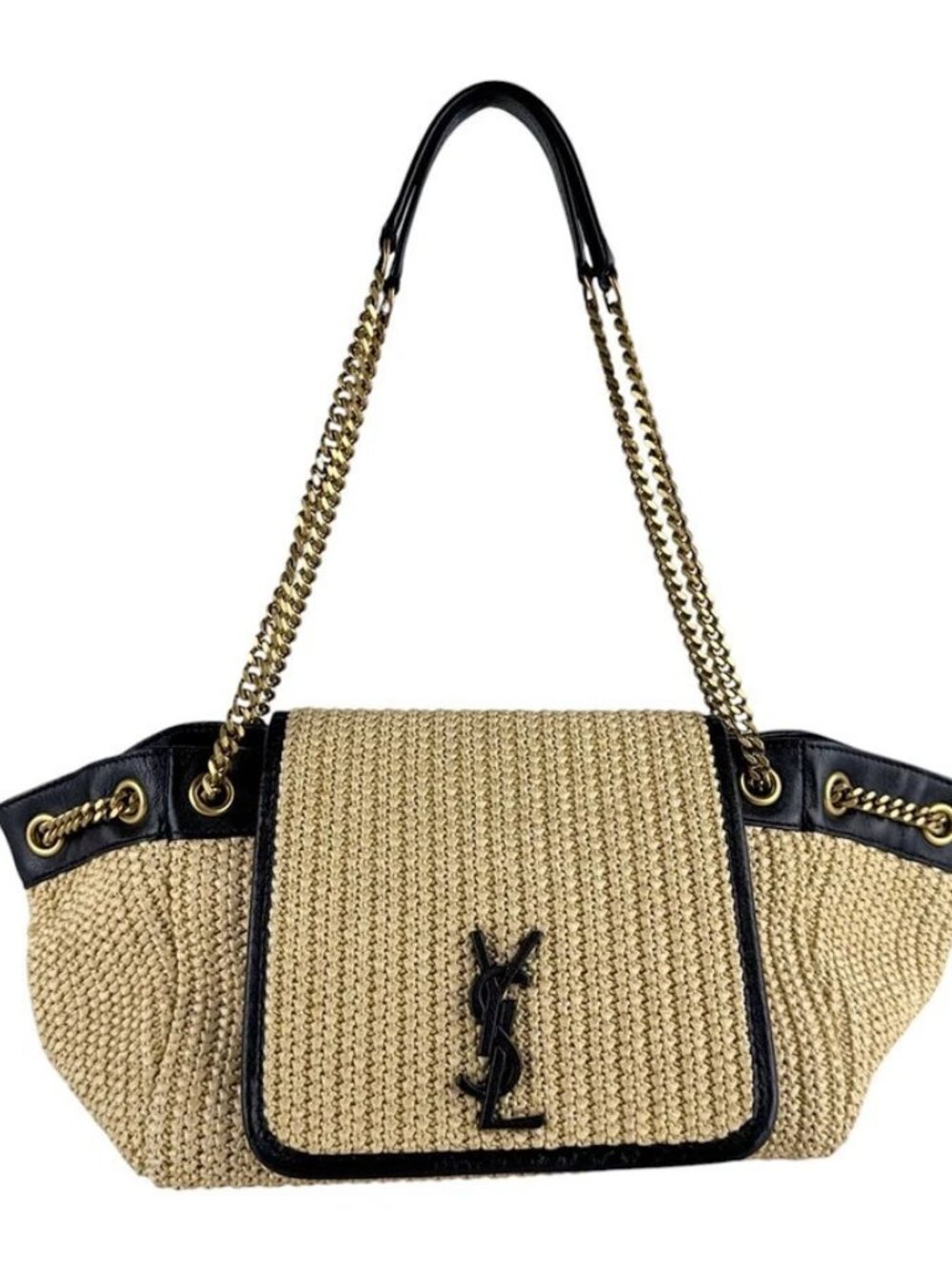 SAINT LAURENT Shoulder Bag Natural/Black/Gold Raffia/Leather/Metal